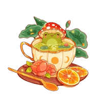 a frog sitting in a cup of tea